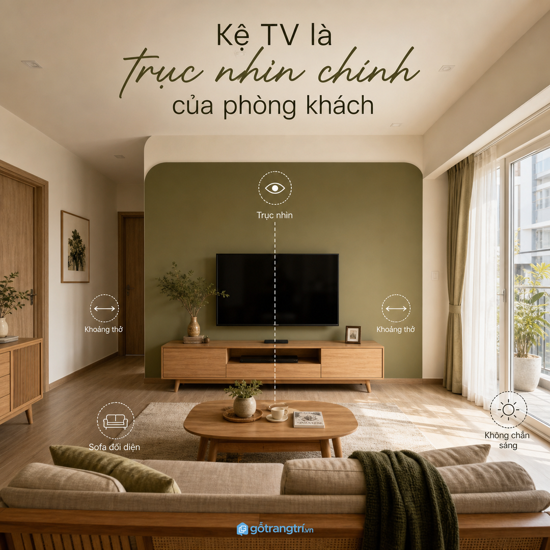 Mảng TV là trục nhìn chính cần cân với sofa, bàn trà và ánh sáng