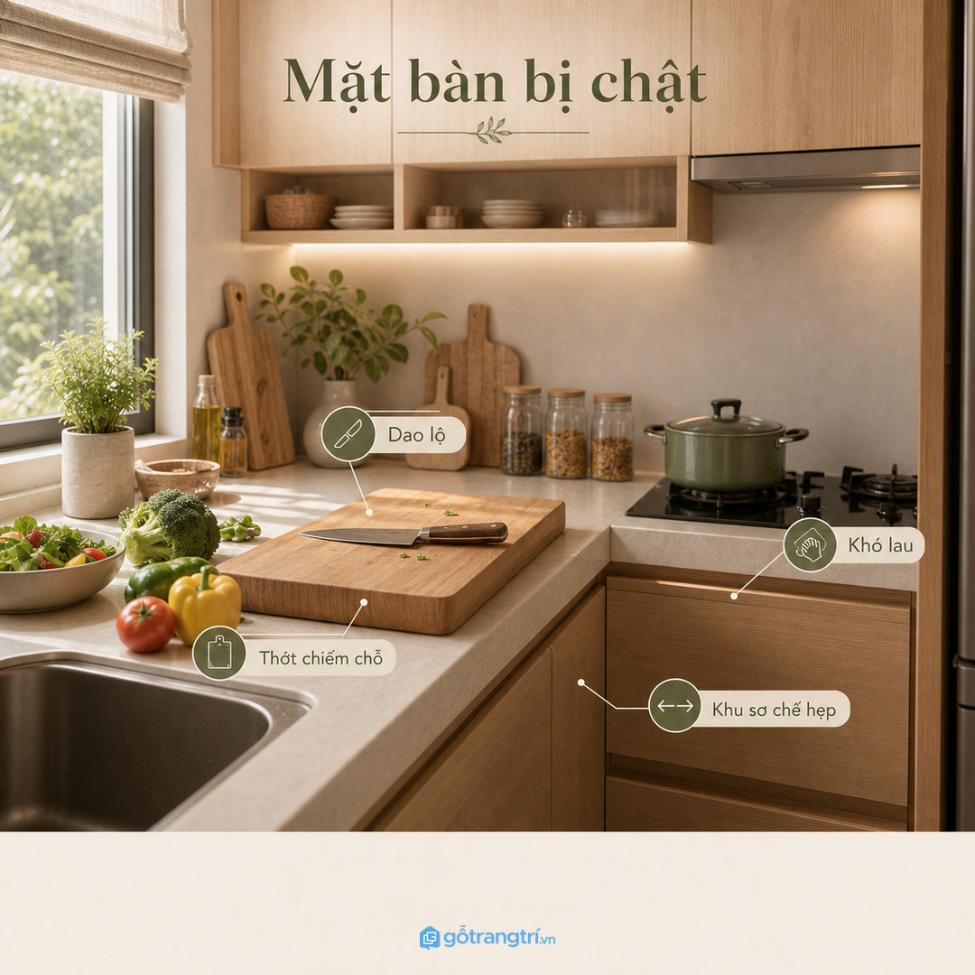 Dao thớt để ngoài làm mặt bàn bếp nhỏ nhanh bị chật