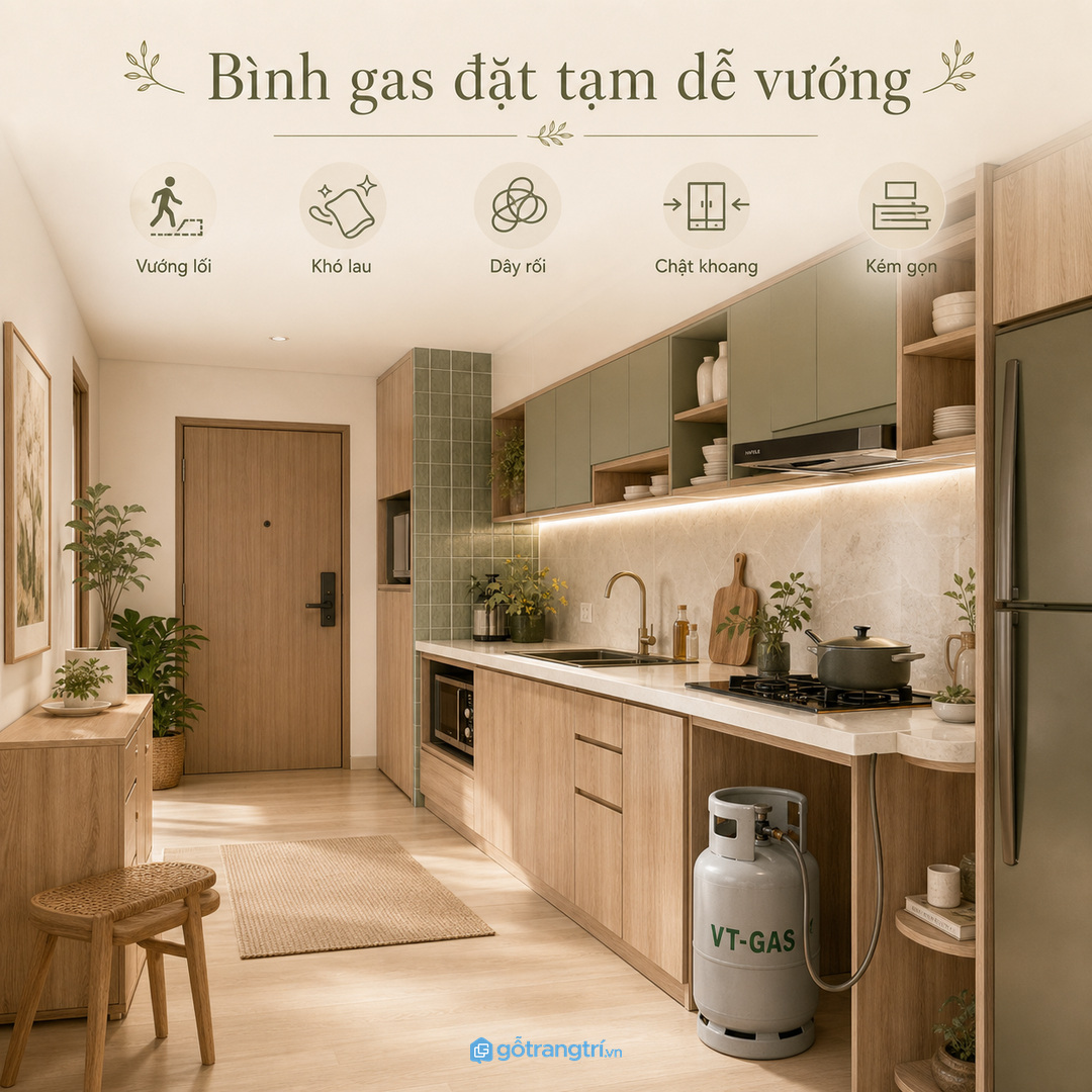 Bình gas đặt tạm dễ làm bếp nhỏ vướng lối