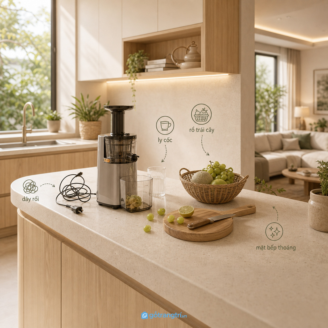 Máy ép đặt tạm trên mặt bếp khiến dây và ly cốc dễ rối