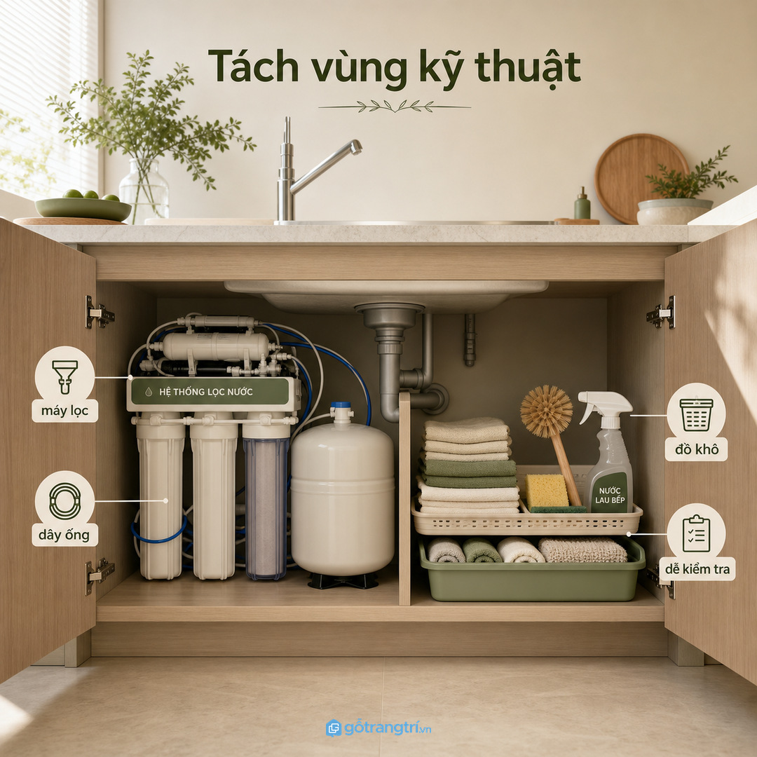 Khoang dưới chậu rửa cần tách rõ vùng kỹ thuật và vùng lưu trữ