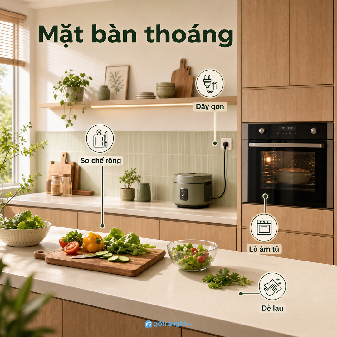 Mặt bàn bếp nhỏ nên được trả lại cho thao tác sơ chế và nấu ăn