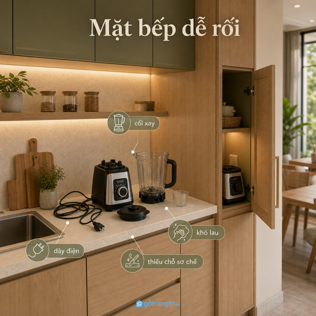 Máy xay để ngoài mặt bếp lâu ngày dễ làm khu soạn đồ bị rối