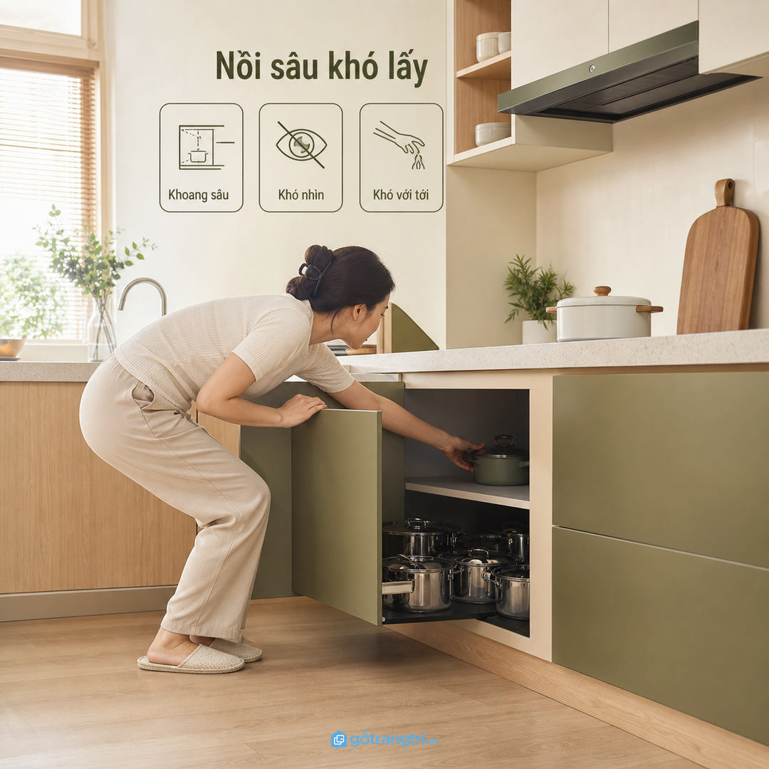 Khoang tủ dưới sâu khiến nồi phía trong khó nhìn và khó lấy