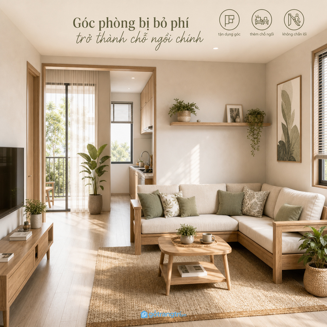 Góc phòng được tận dụng thành chỗ ngồi chính mà không chắn lối sinh hoạt