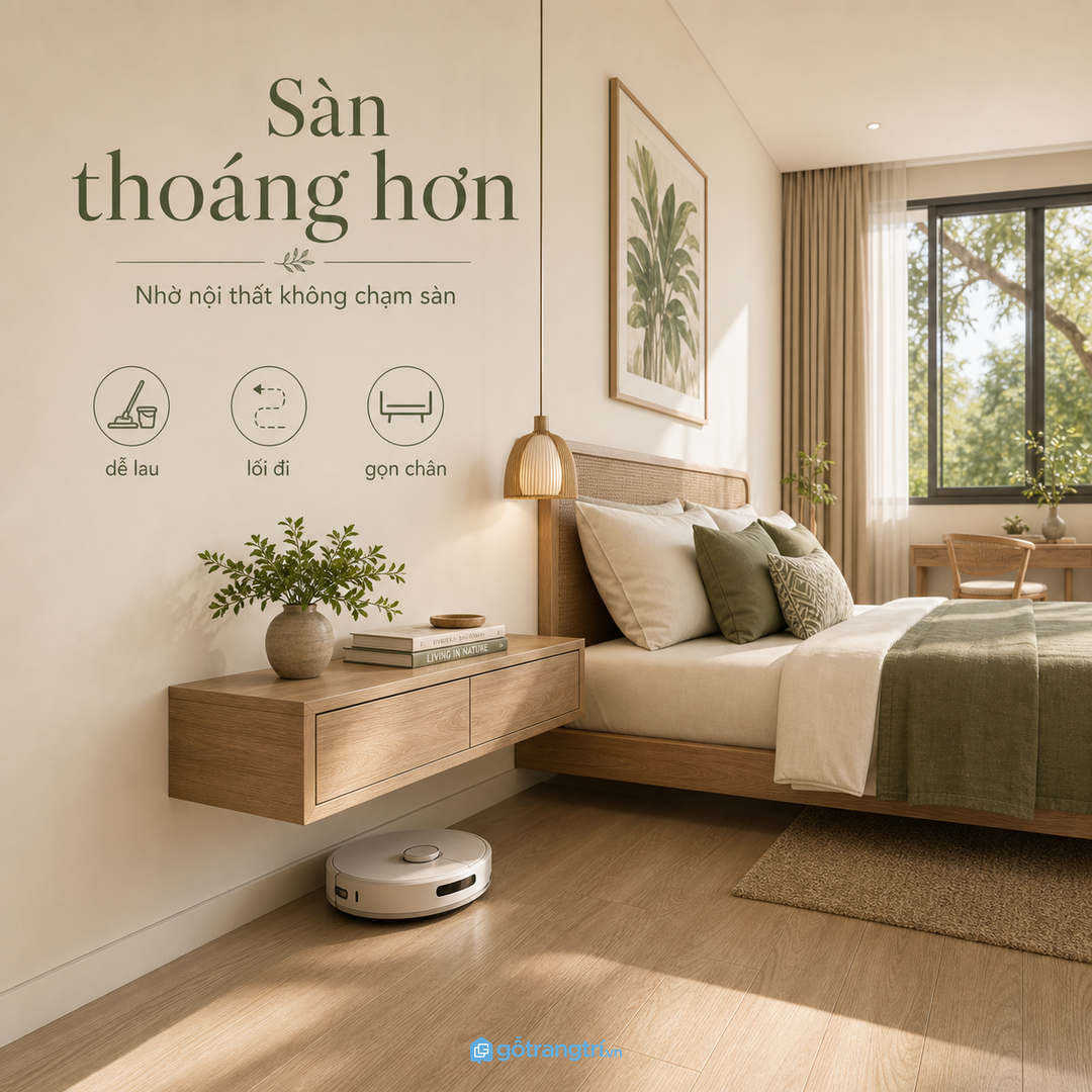 Tab treo tường giúp giải phóng khoảng sàn cạnh giường
