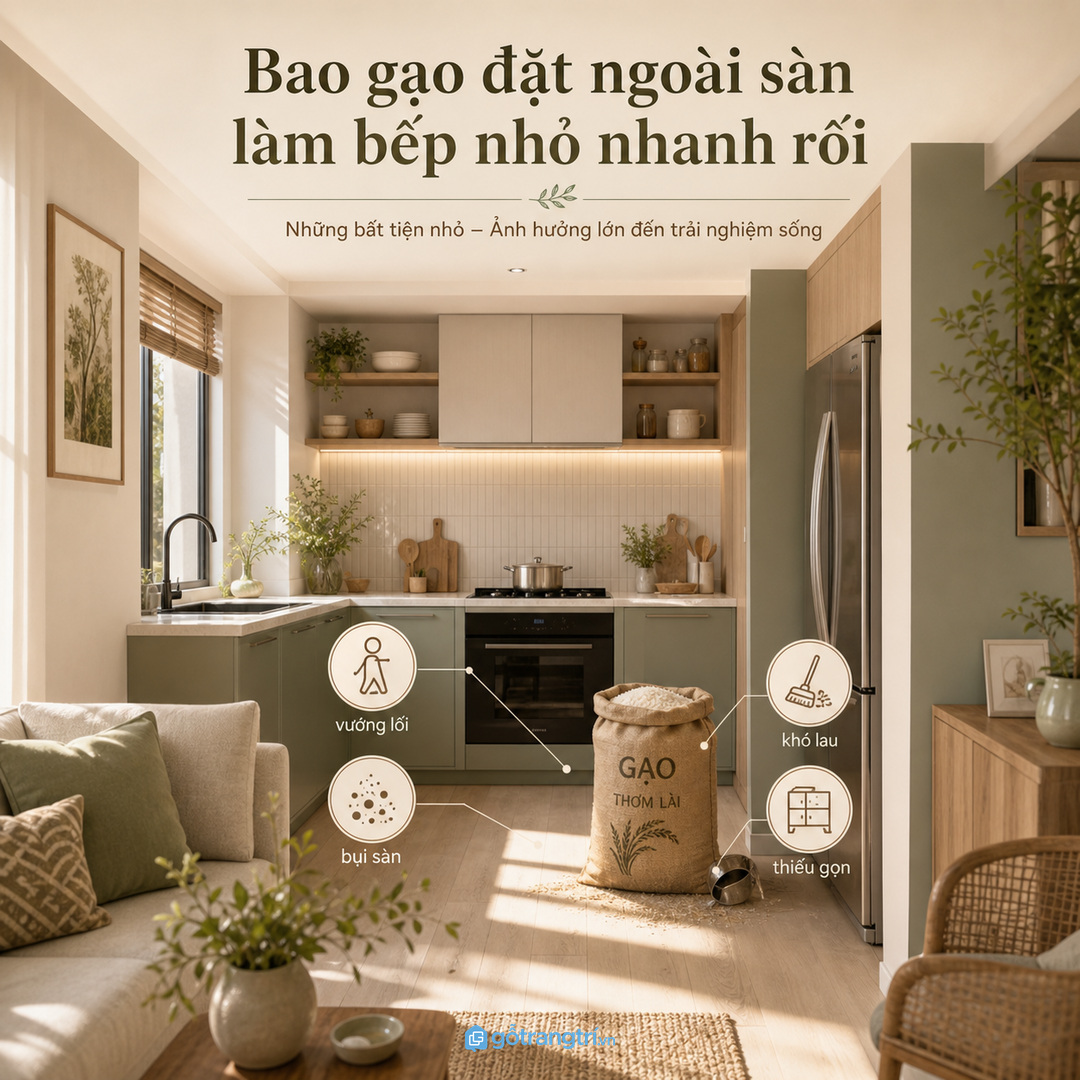 Bao gạo đặt ngoài sàn dễ làm bếp nhỏ vướng lối và khó lau dọn