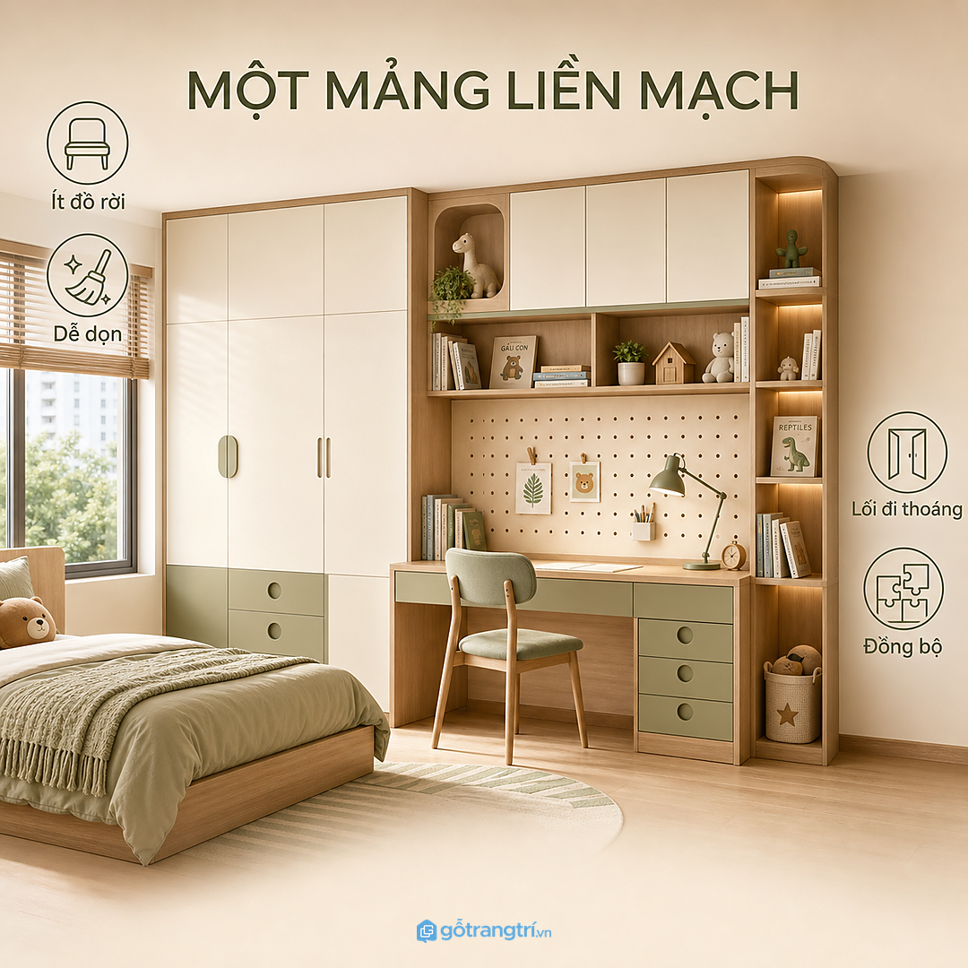 Một mảng tủ liền bàn giúp phòng bớt vụn đồ