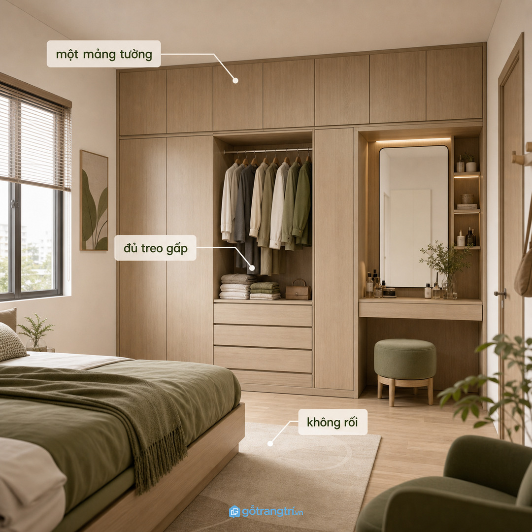 Một mảng tủ áo liền bàn phấn thay cho nhiều món rời trong phòng ngủ nhỏ