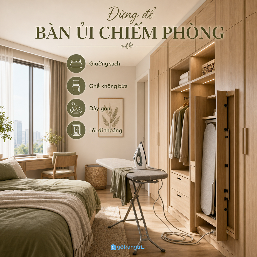 Bàn ủi rời dễ chiếm giường, ghế và lối đi trong phòng nhỏ