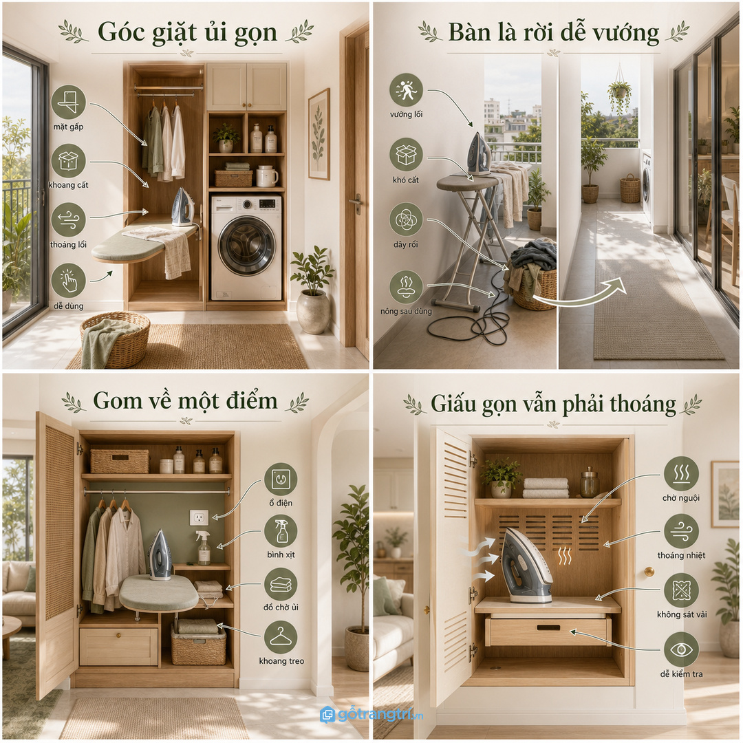 Bàn là rời làm logia nhỏ nhanh rối, vướng lối và khó cất sau khi dùng