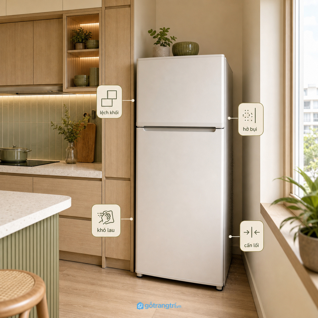 Tủ lạnh đứng lẻ làm bếp nhỏ dễ vụn mảng và khó giữ thẳng hàng