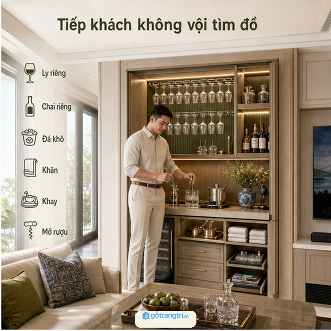 Tủ bar khô giúp chủ nhà tiếp khách nhẹ nhàng vì đồ uống có vị trí rõ ràng