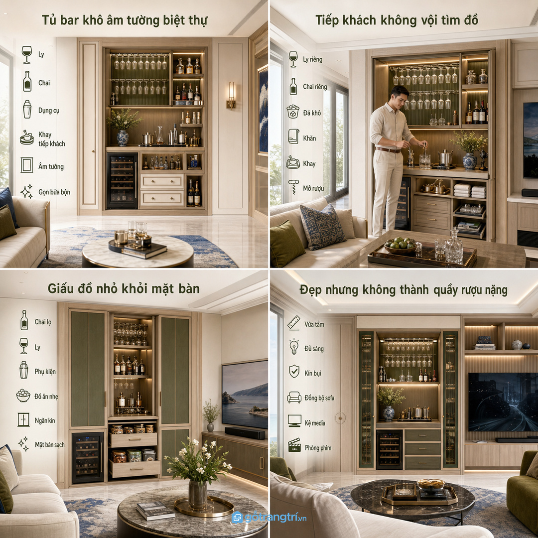 Tủ bar khô giúp chủ nhà tiếp khách nhẹ nhàng vì đồ uống có vị trí rõ ràng
