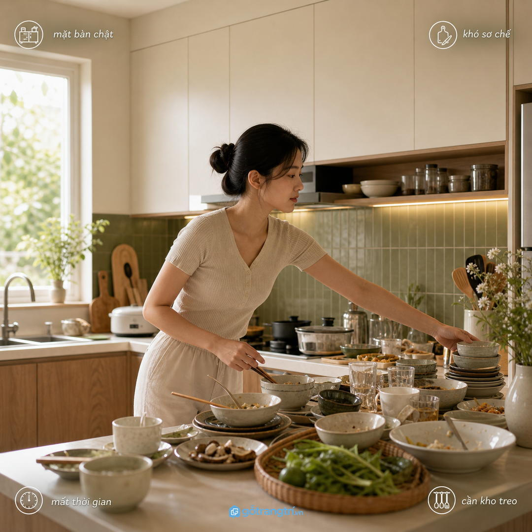 Bát đĩa nằm thấp làm mặt bàn bếp nhanh rối và khó dọn