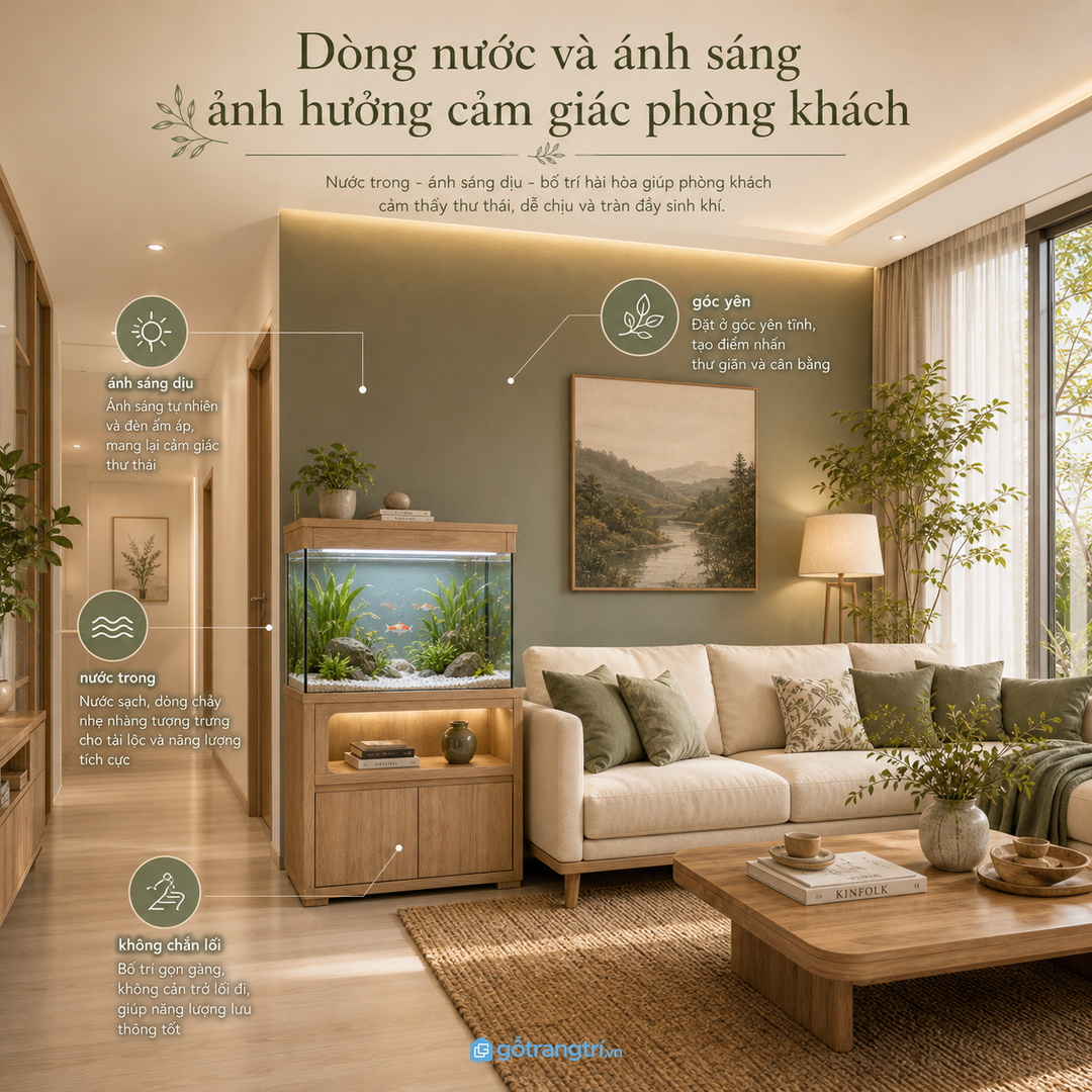 Bể cá trong phòng khách cần ánh sáng dịu, nước sạch và vị trí dễ ngắm