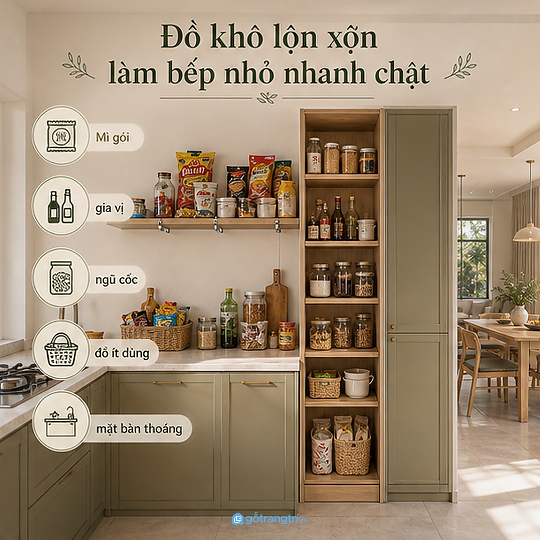 Đồ bếp ít dùng rải rác khiến bếp nhỏ nhanh chật và khó dọn
