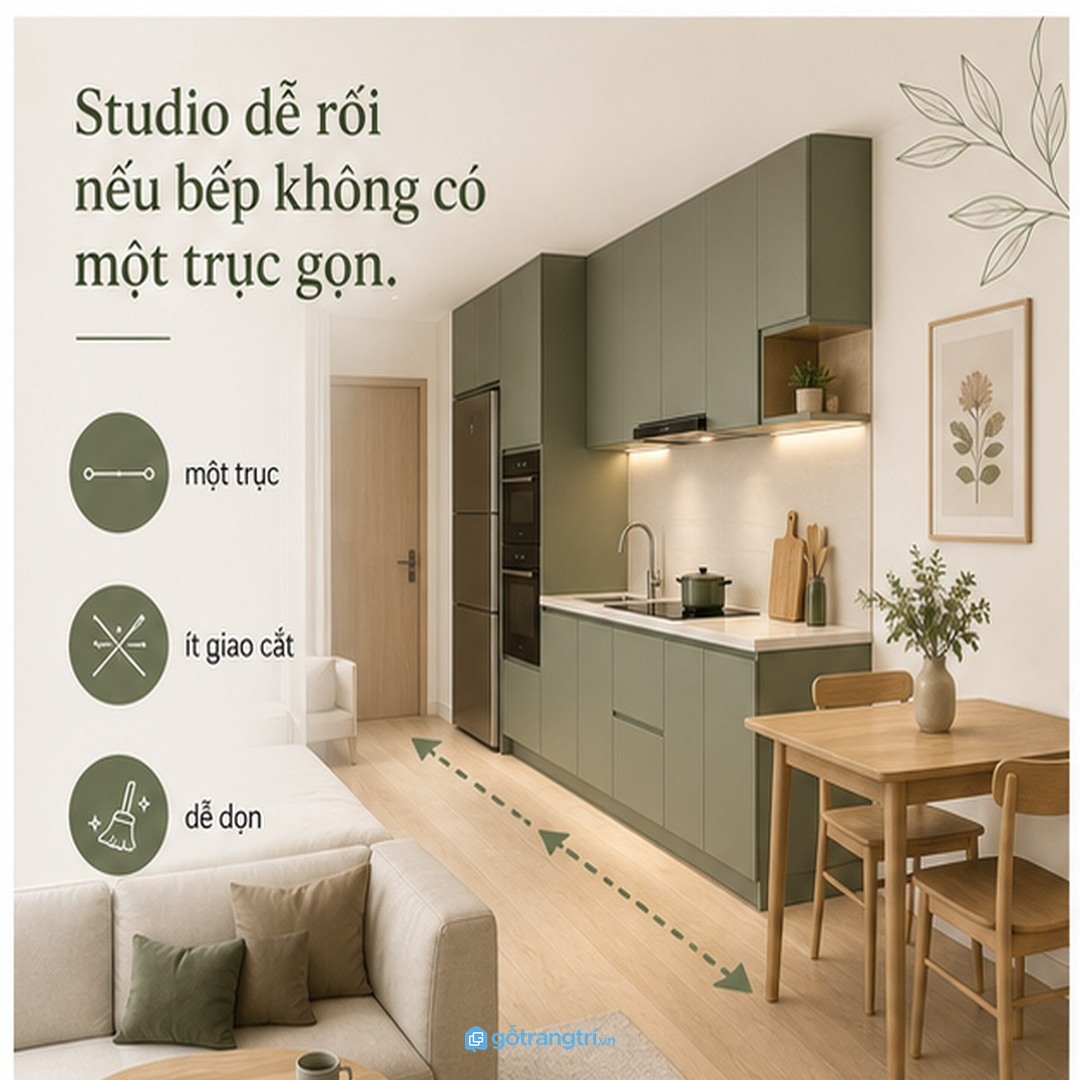Một trục bếp chữ I giúp căn hộ studio giữ lối đi gọn và dễ thao tác