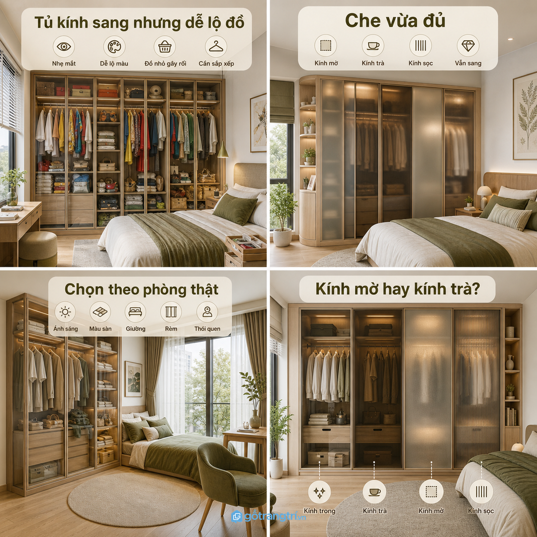 Cánh kính làm mảng tủ nhẹ hơn nhưng dễ lộ bừa nếu không chia khoang