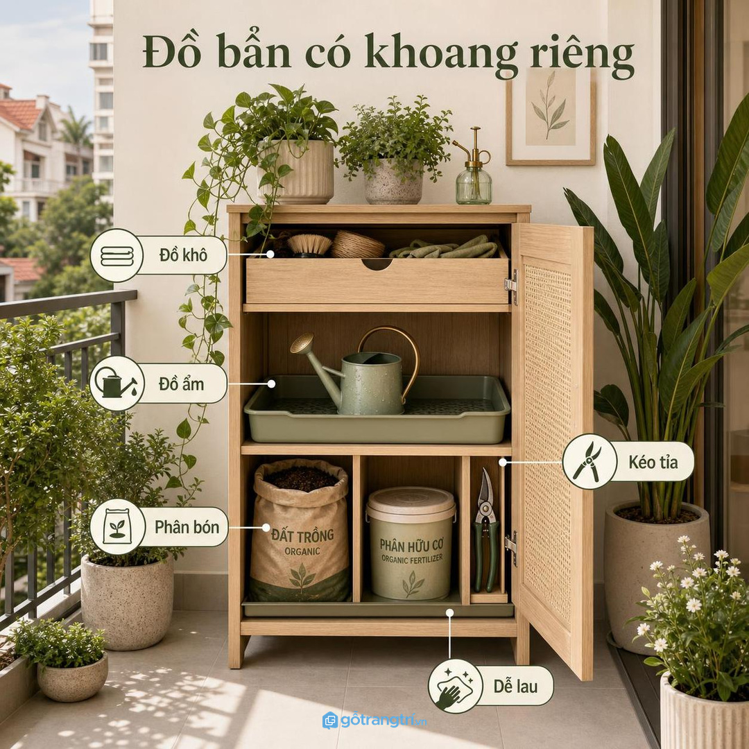Bình tưới, kéo tỉa và đất trồng để rải rác làm ban công nhanh bẩn