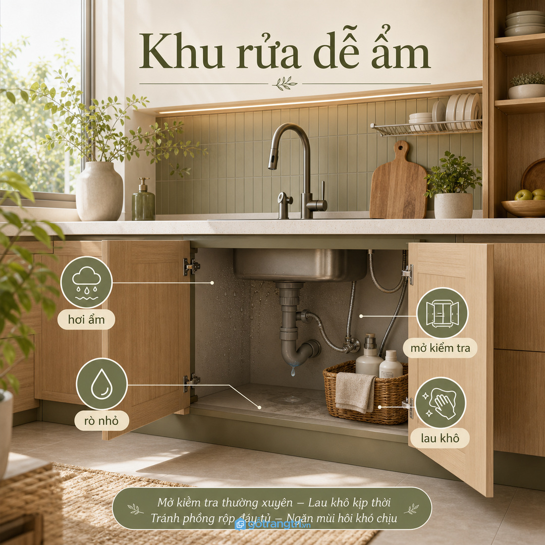Khu rửa luôn có hơi ẩm và rủi ro rò nước nhỏ