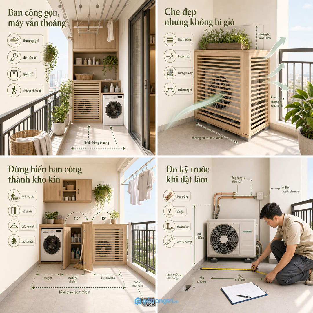 Khu ban công cần khoang thoáng để cục nóng và đồ ban công không bị ẩm mùi