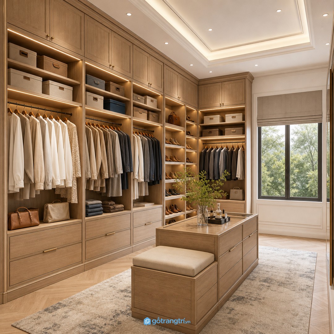 Tủ chữ L tận dụng góc phòng nhưng vẫn cần nhịp thoáng để không bị nặng
