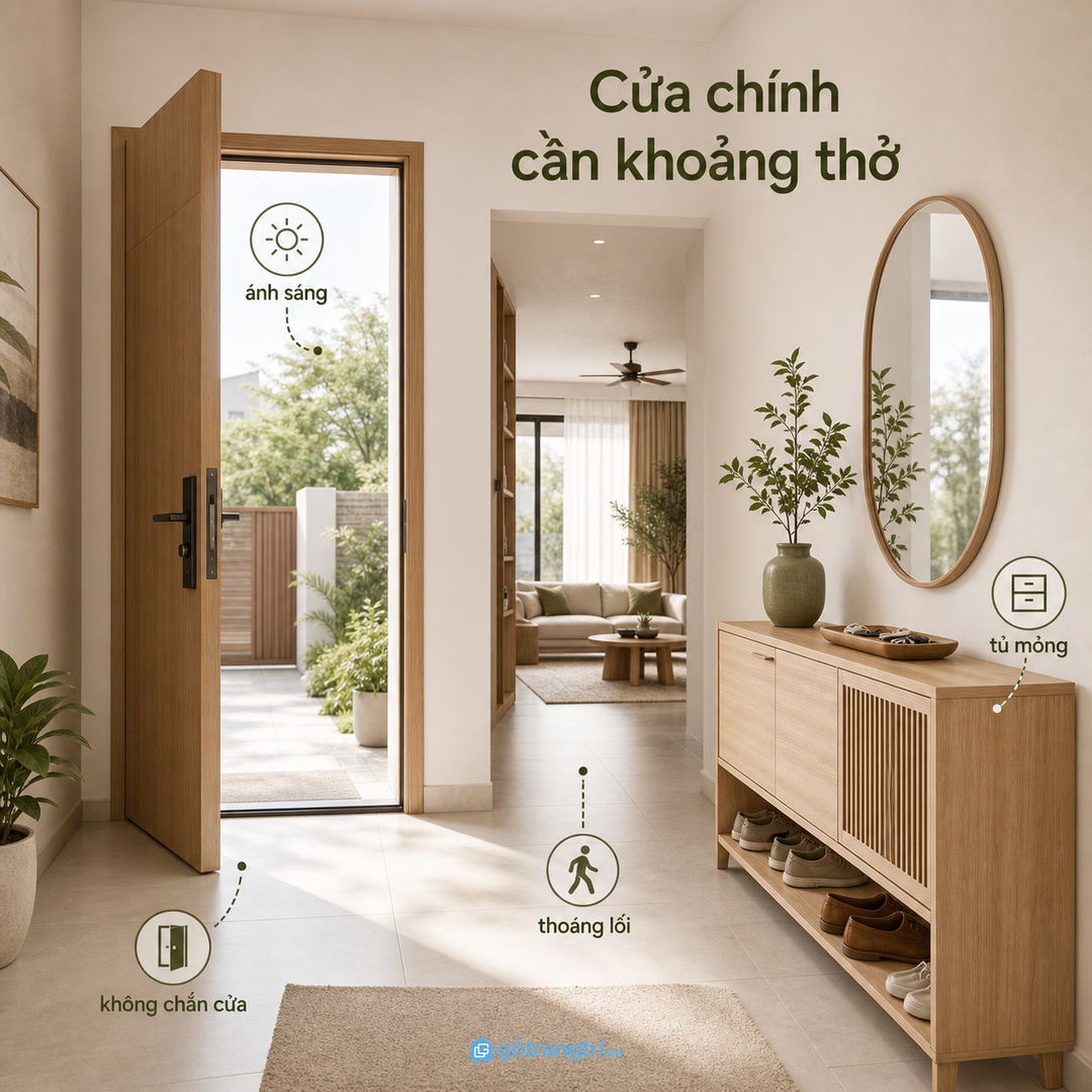 Cửa chính cần khoảng thở, tủ thấp mỏng giúp nhà nhỏ nhẹ mắt hơn
