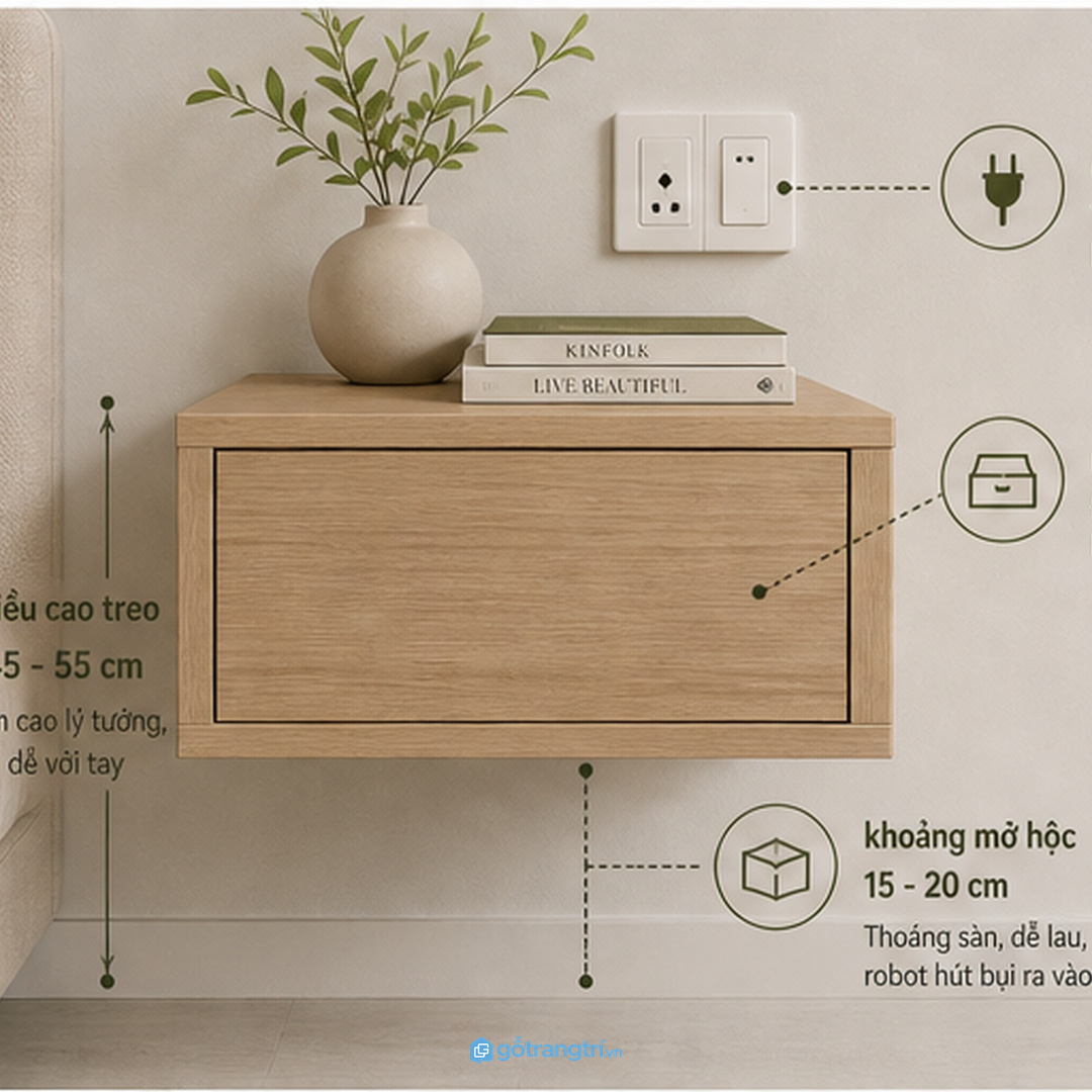 Đo chiều cao và ổ cắm trước khi làm tủ đầu giường treo tường