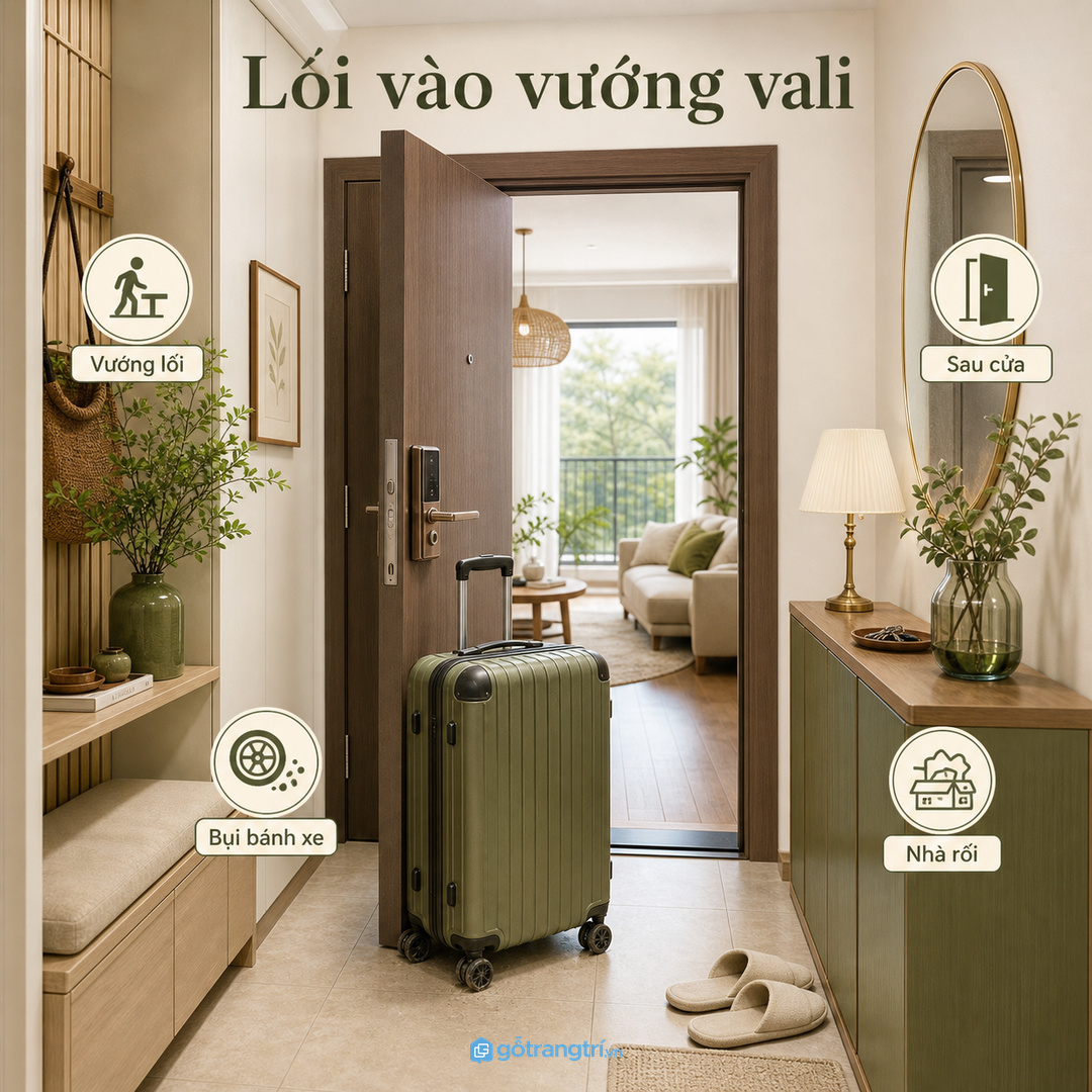 Vali để tạm ở lối vào khiến căn hộ nhanh rối và vướng đường đi