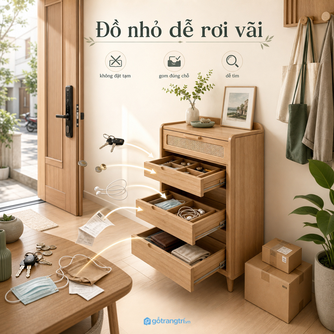 Đồ nhỏ ra vào cần một điểm cất cố định thay vì đặt tạm khắp nhà