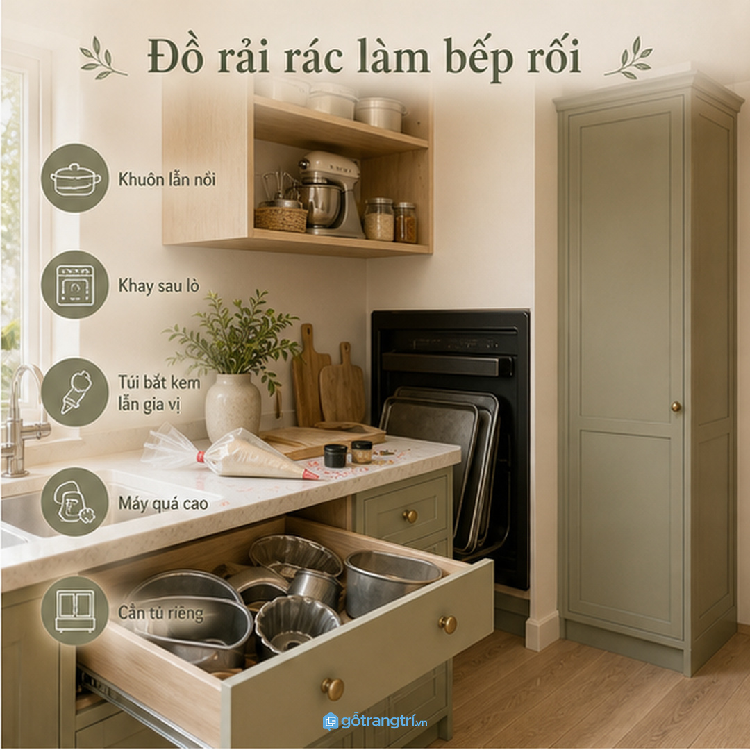Đồ làm bánh rải rác làm bếp và nhà phố nhỏ nhanh rối