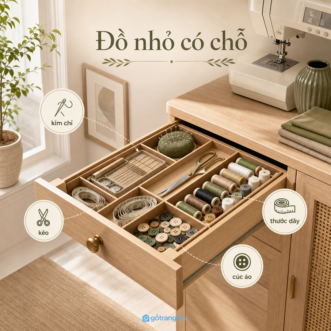 Kim chỉ, kéo, thước dây và cúc áo cần một điểm gom đồ rõ ràng
