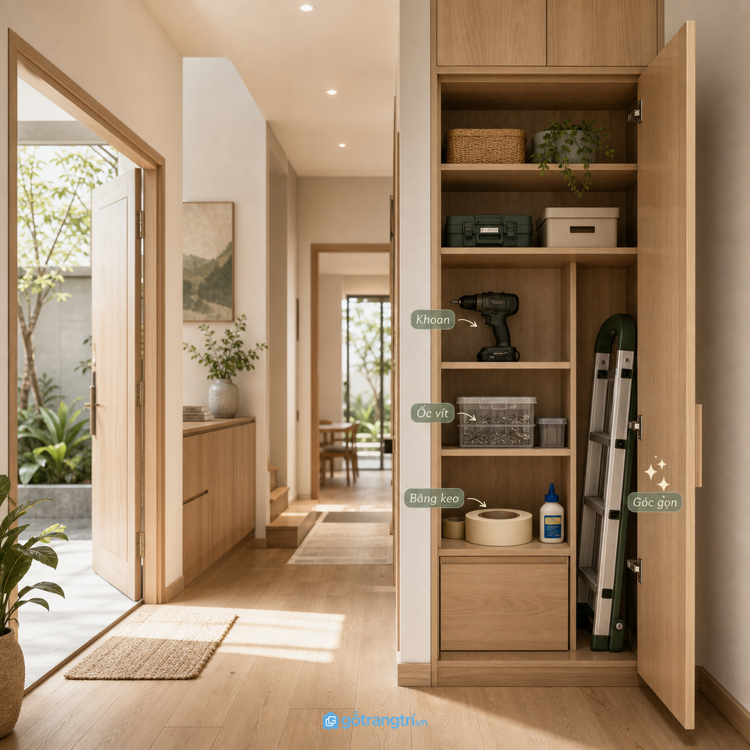 Đồ sửa chữa nhỏ có chỗ riêng giúp hành lang nhà phố bớt rối và dễ dọn hơn.