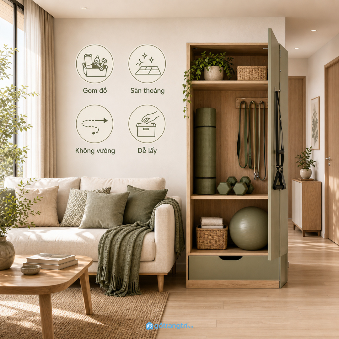 Đồ tập nhỏ nhưng dễ làm phòng khách rối nếu không có khoang cất riêng