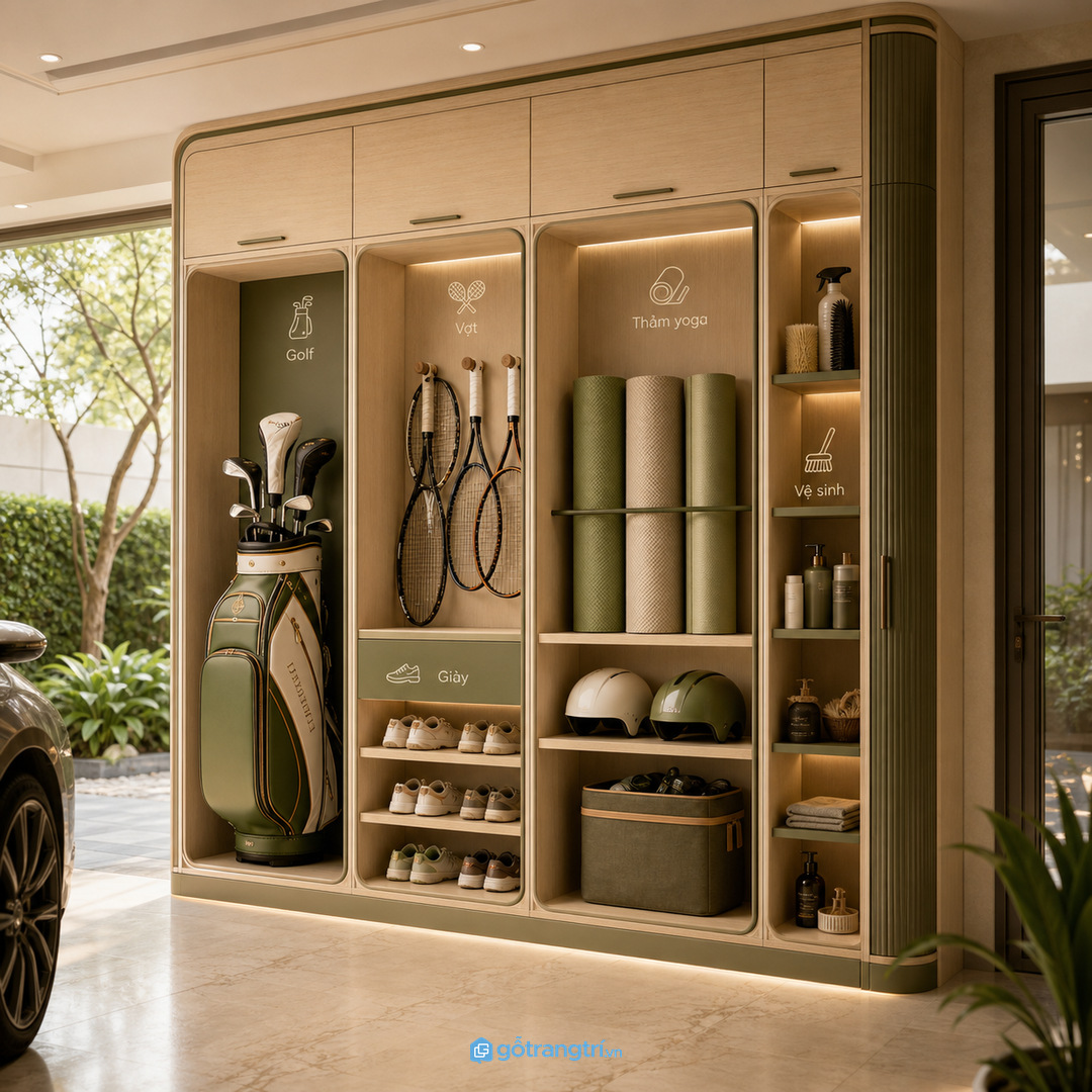 Tủ thể thao cần chia khoang theo kích thước thật của từng dụng cụ