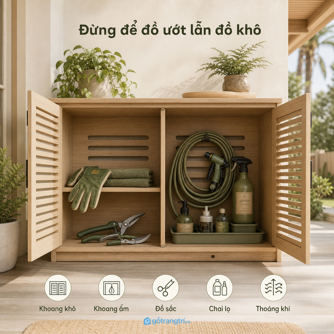 Máy xịt, kéo tỉa và phân bón cần một nơi cất riêng thay vì đặt rải quanh sân