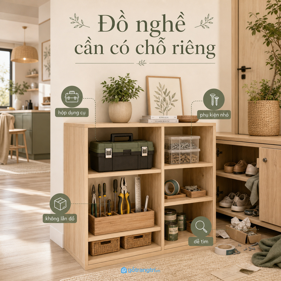 Đồ nghề cần có chỗ riêng để không lẫn với giày dép, đồ bếp hoặc đồ sinh hoạt