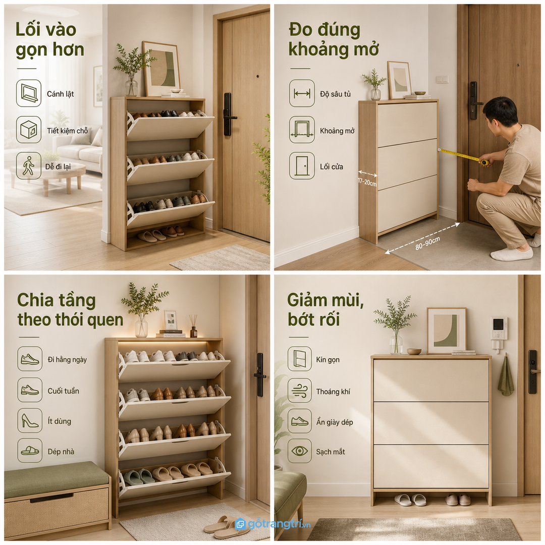 Lối vào chung cư nhỏ cần giảm độ sâu tủ giày