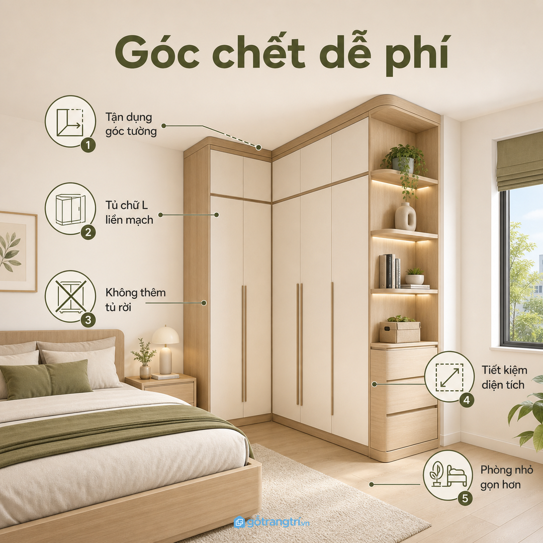 Góc chết dễ bị phí trong phòng ngủ