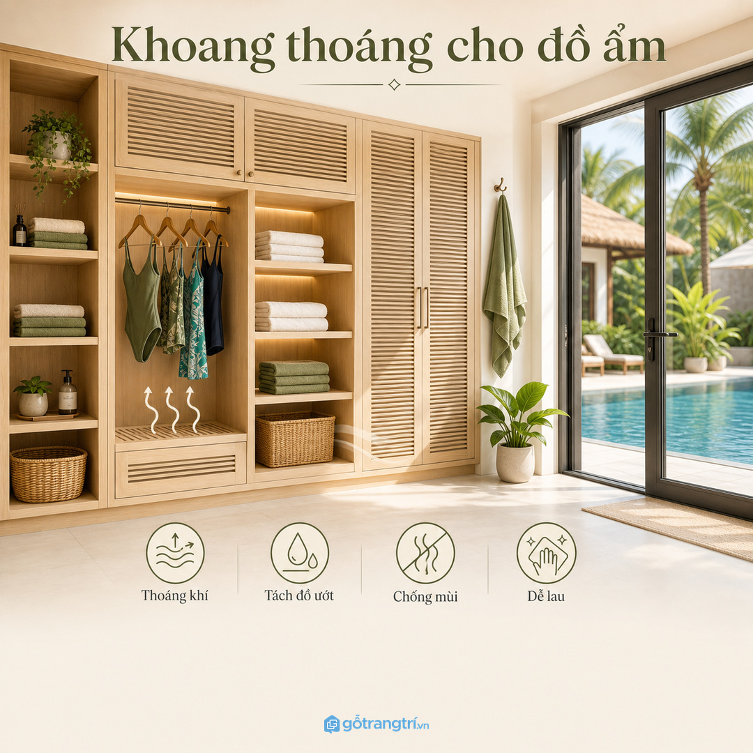Khu hồ bơi cần khoang thoáng để khăn và phụ kiện không bị ẩm mùi