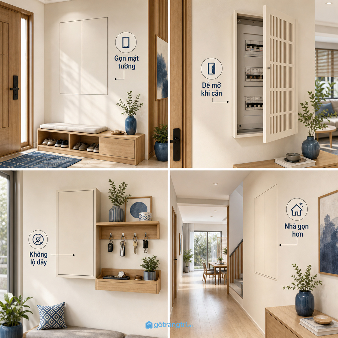 Mặt tủ che hộp điện phẳng giúp sảnh vào gọn mắt