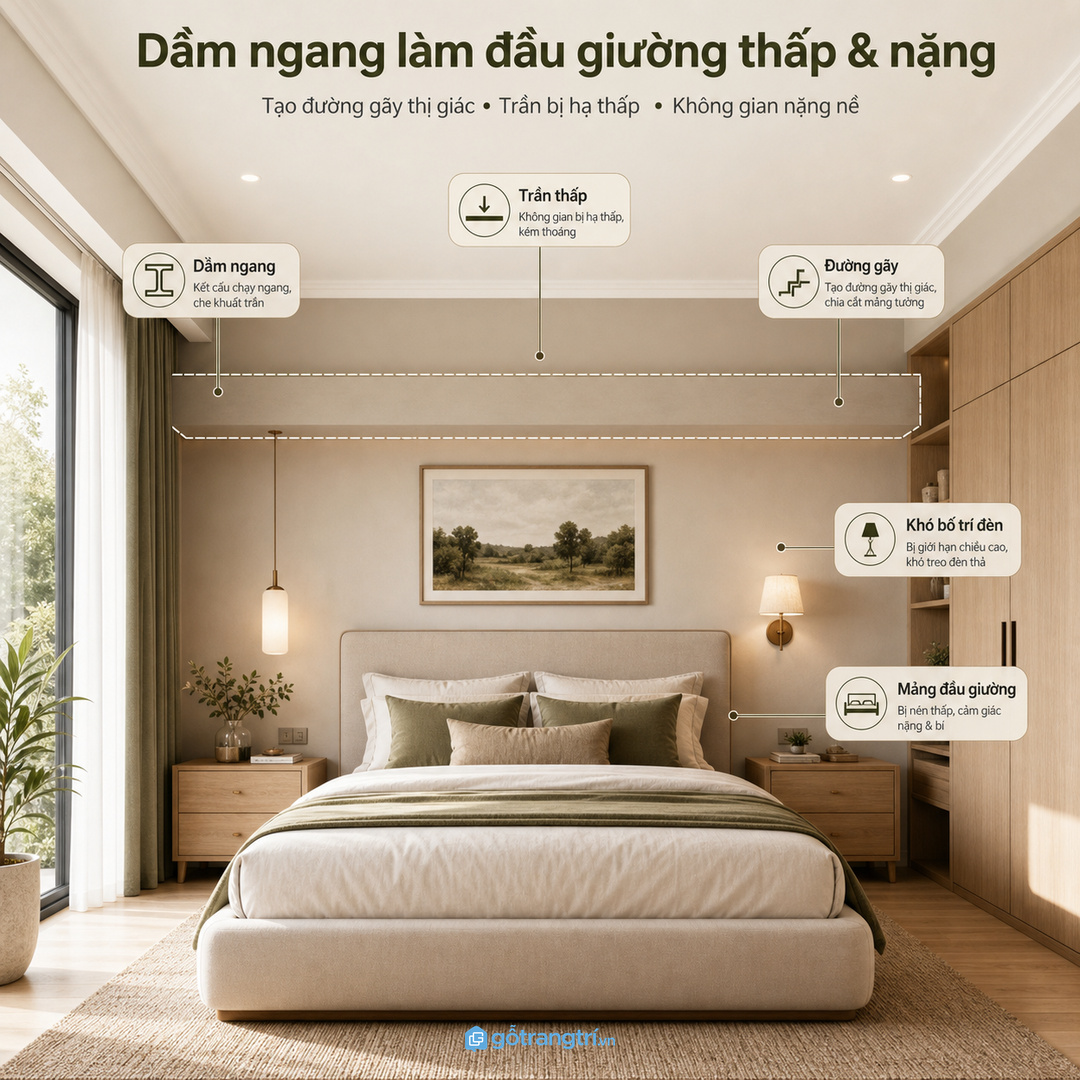 Dầm ngang ngay đầu giường dễ tạo cảm giác nặng, thấp và khó ngủ sâu