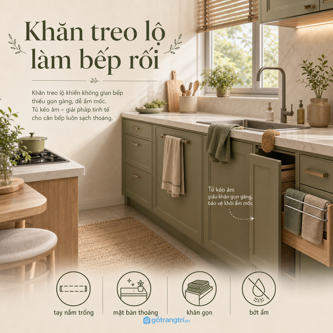Khăn lau treo lộ thiên dễ làm bếp nhỏ rối và ẩm mùi