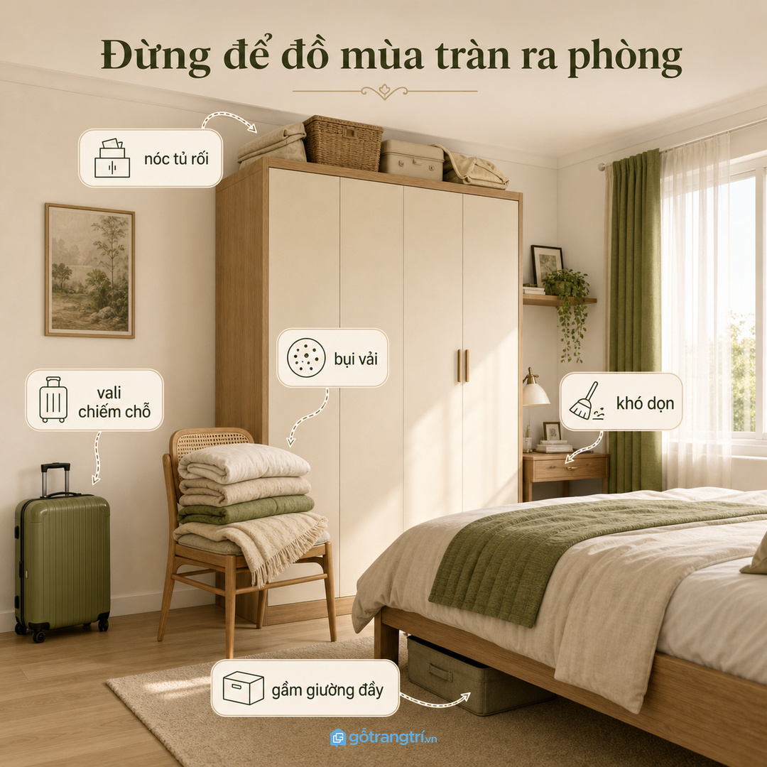 Vali, chăn ga dự phòng và túi du lịch dễ làm nóc tủ, gầm giường, góc phòng bị rối