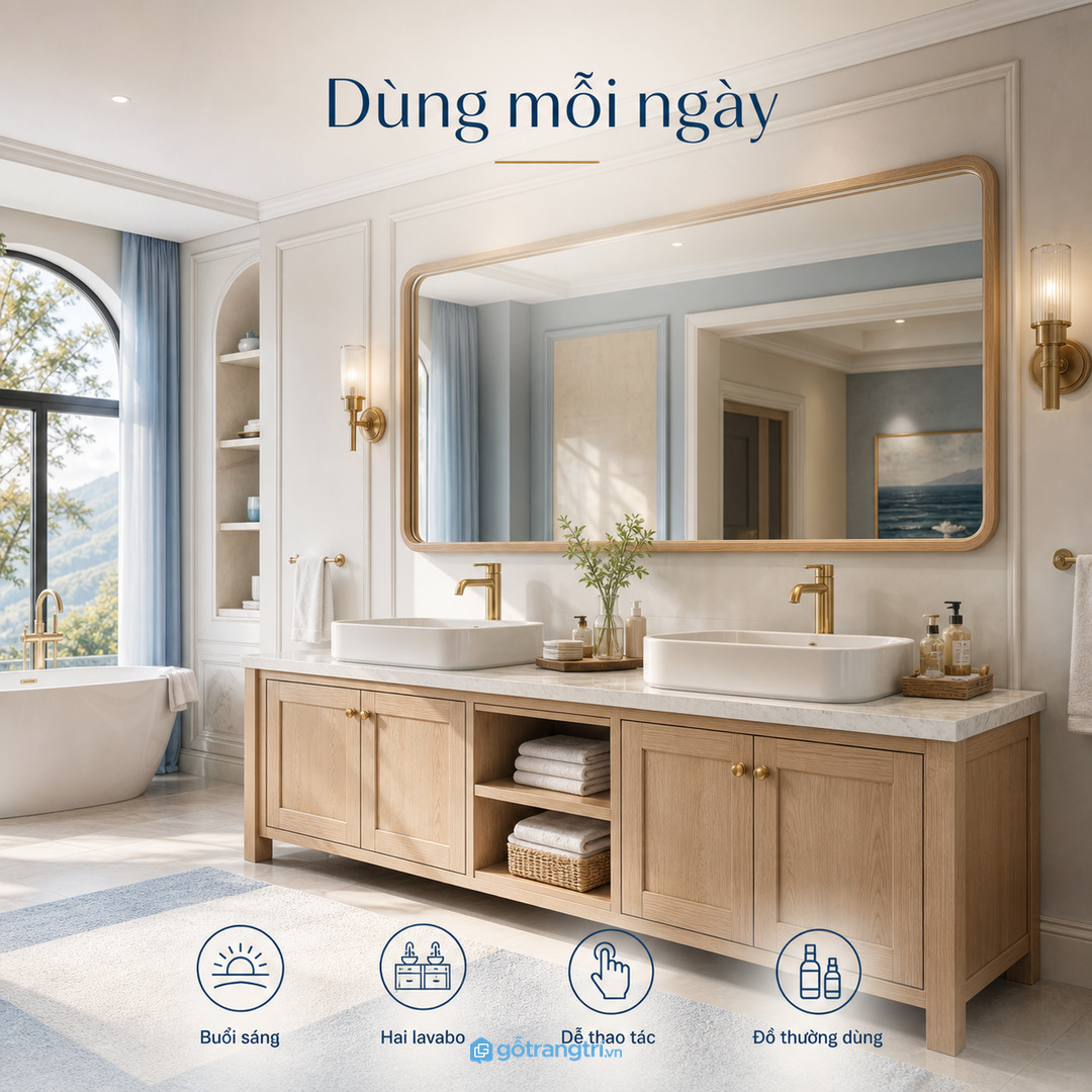 Khu lavabo đôi là điểm sử dụng nhiều nhất trong phòng tắm master biệt thự