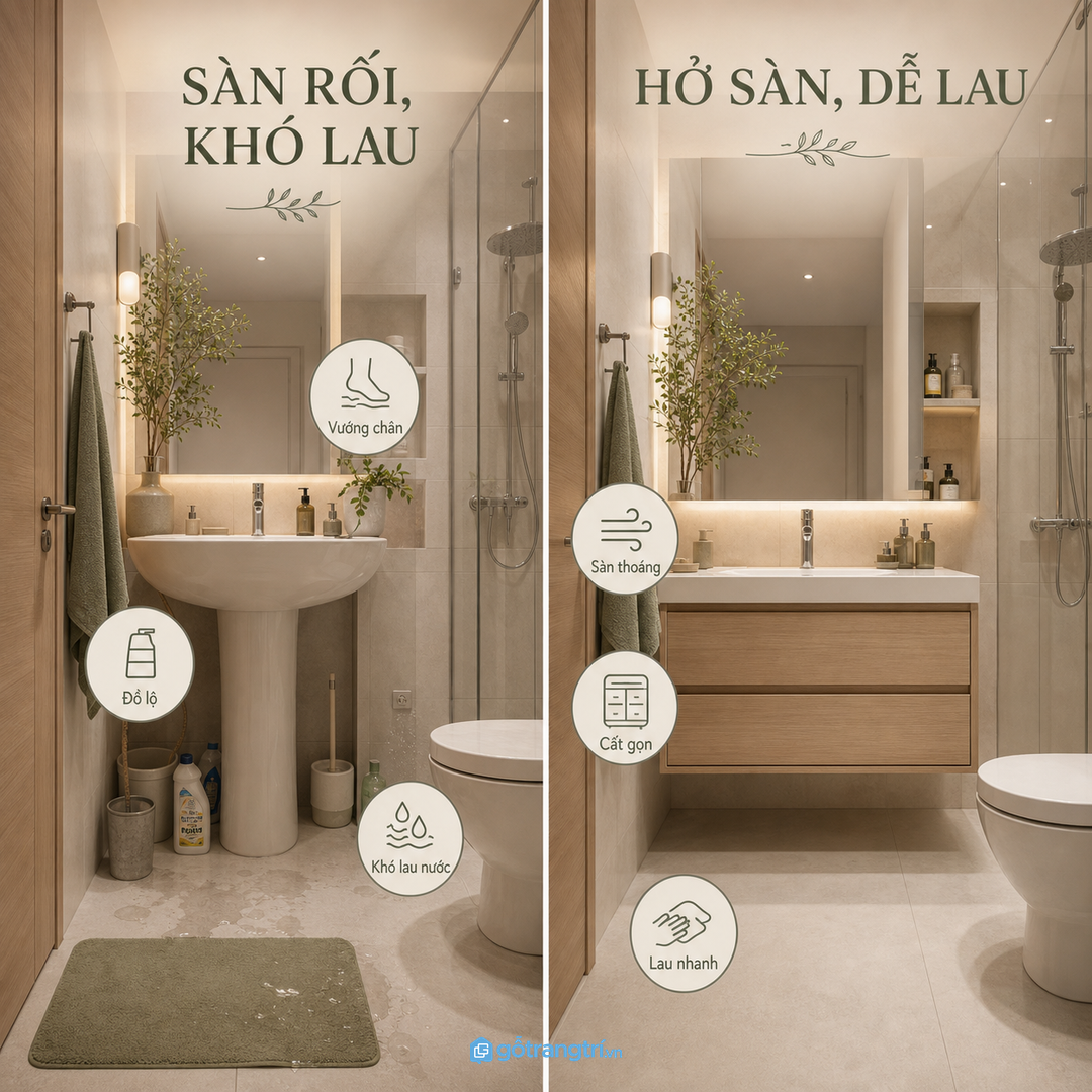 Phòng tắm chung cư nhỏ cần giảm độ sâu tủ lavabo