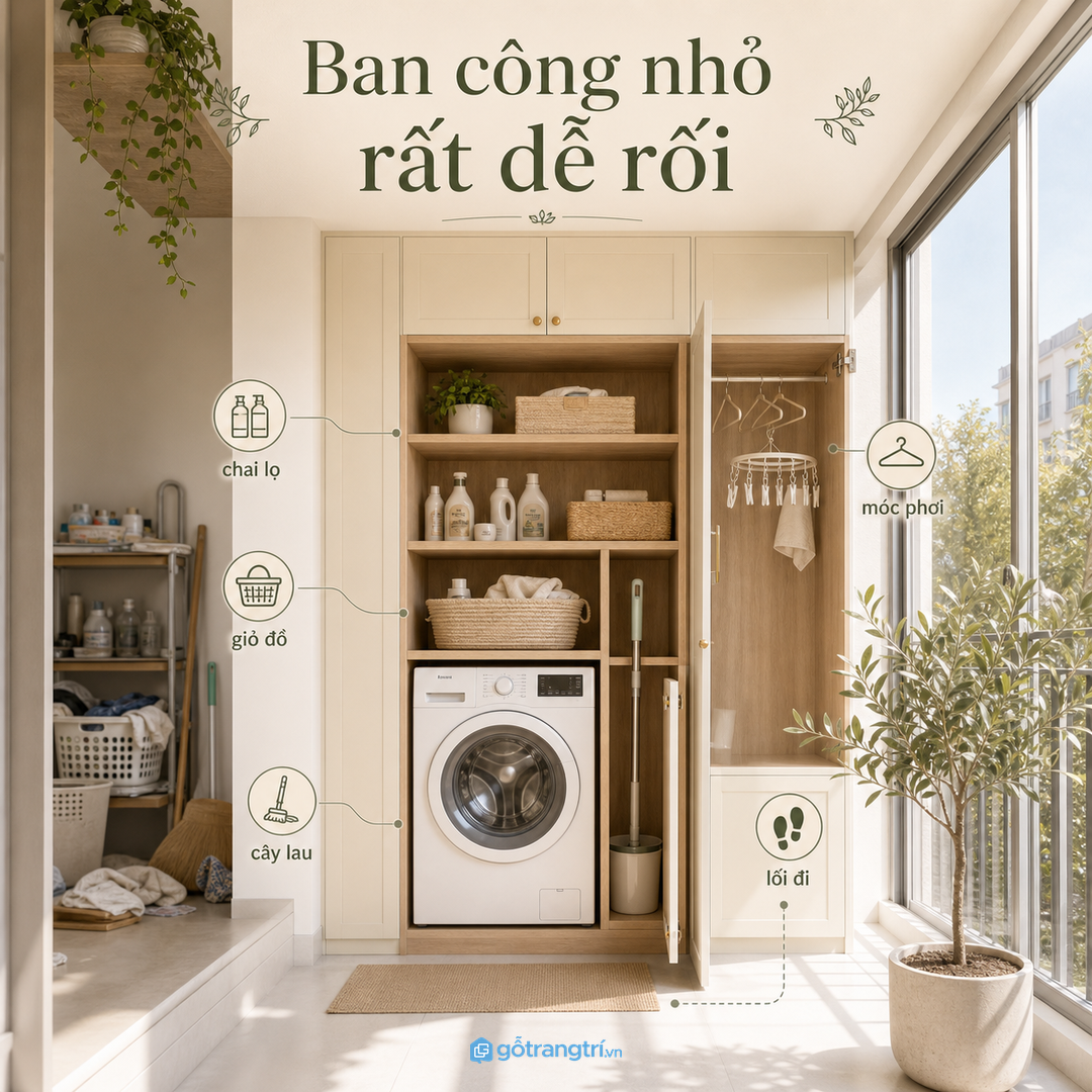 Ban công nhỏ rất dễ rối nếu thiếu hệ tủ