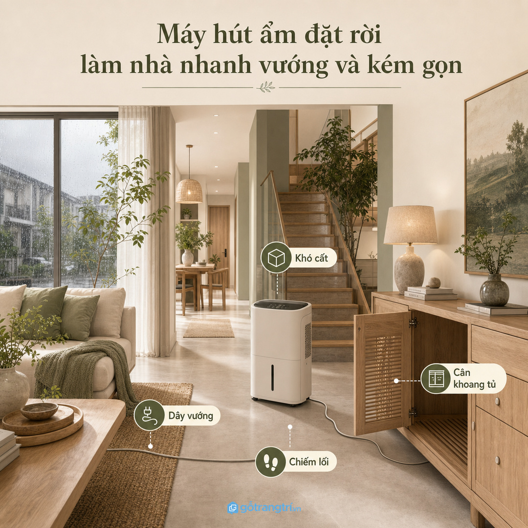 Máy hút ẩm đặt rời dễ vướng dây, chiếm lối và làm phòng khách kém gọn