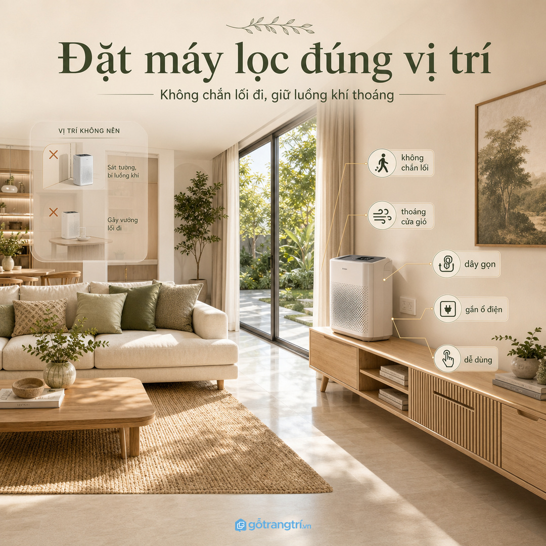 Máy lọc đặt sai vị trí dễ chắn lối đi và giảm hiệu quả luồng gió